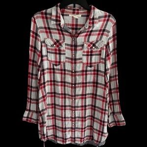 Levi's Plaid Flannel Snap Button Tunic Shirt Size L Red Grey Western Cowgirl